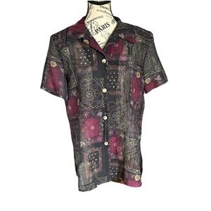 K Studio Top Size 8 Purple Floral Artsy Geometric Tapestry Blouse Vtg 90s